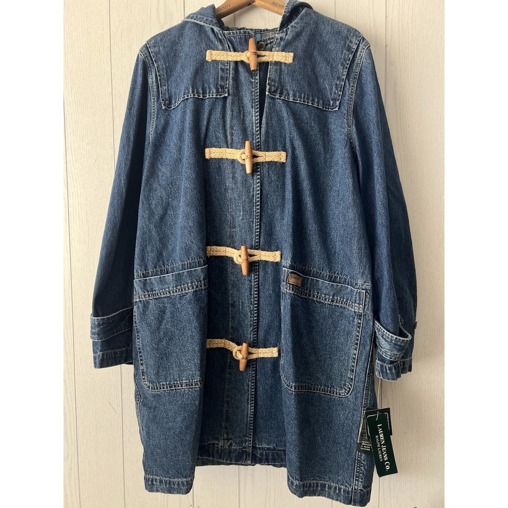 NEW VTG Ralph Lauren Duffle Coat Women M Denim Hooded Wood Toggle Jacket